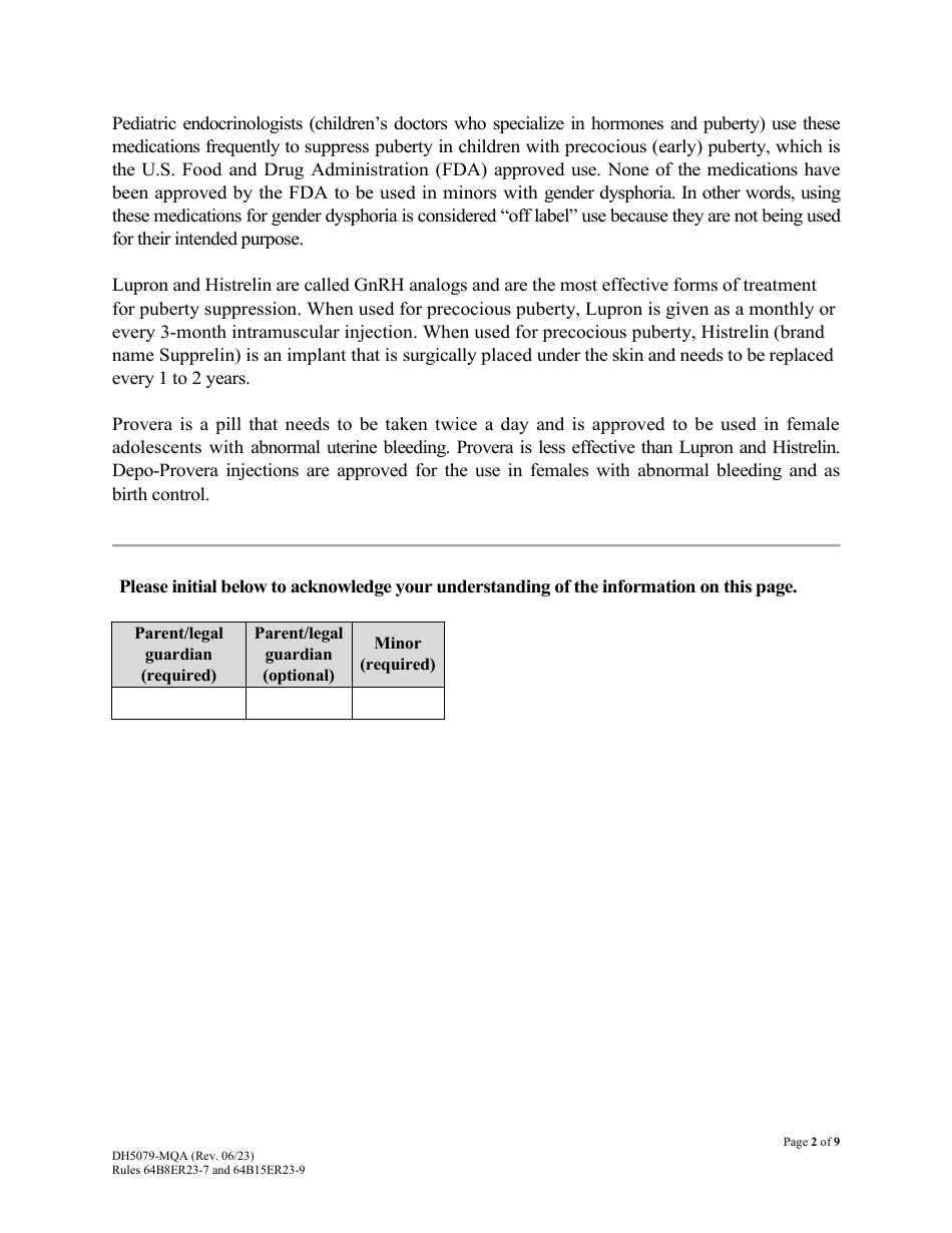 Form DH5079-MQA Patient Information and Informed Parental Consent and Assent for Minors - Puberty Suppression Treatment for Patients With Gender Dysphoria - Florida, Page 2