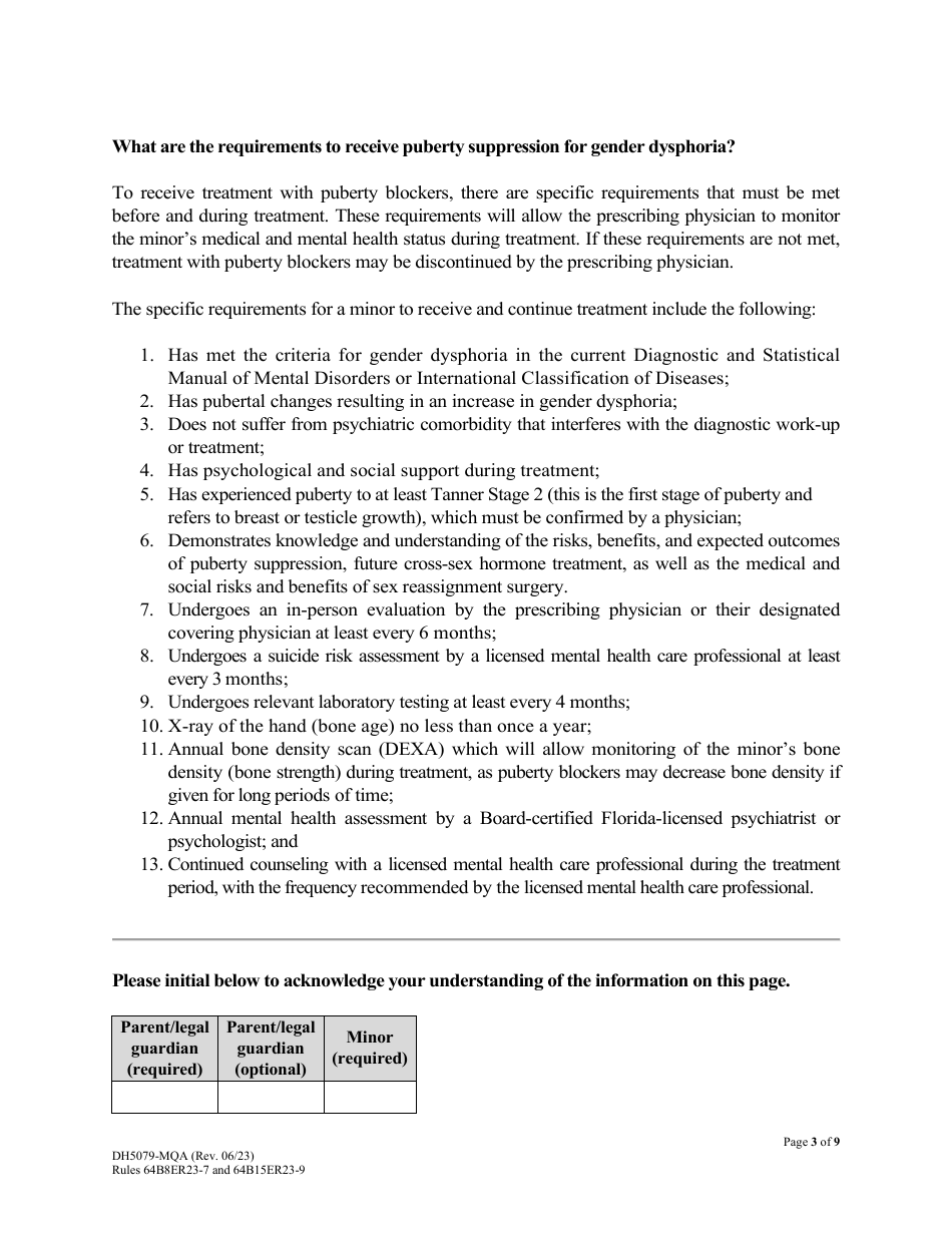 Form DH5079-MQA Patient Information and Informed Parental Consent and Assent for Minors - Puberty Suppression Treatment for Patients With Gender Dysphoria - Florida, Page 3