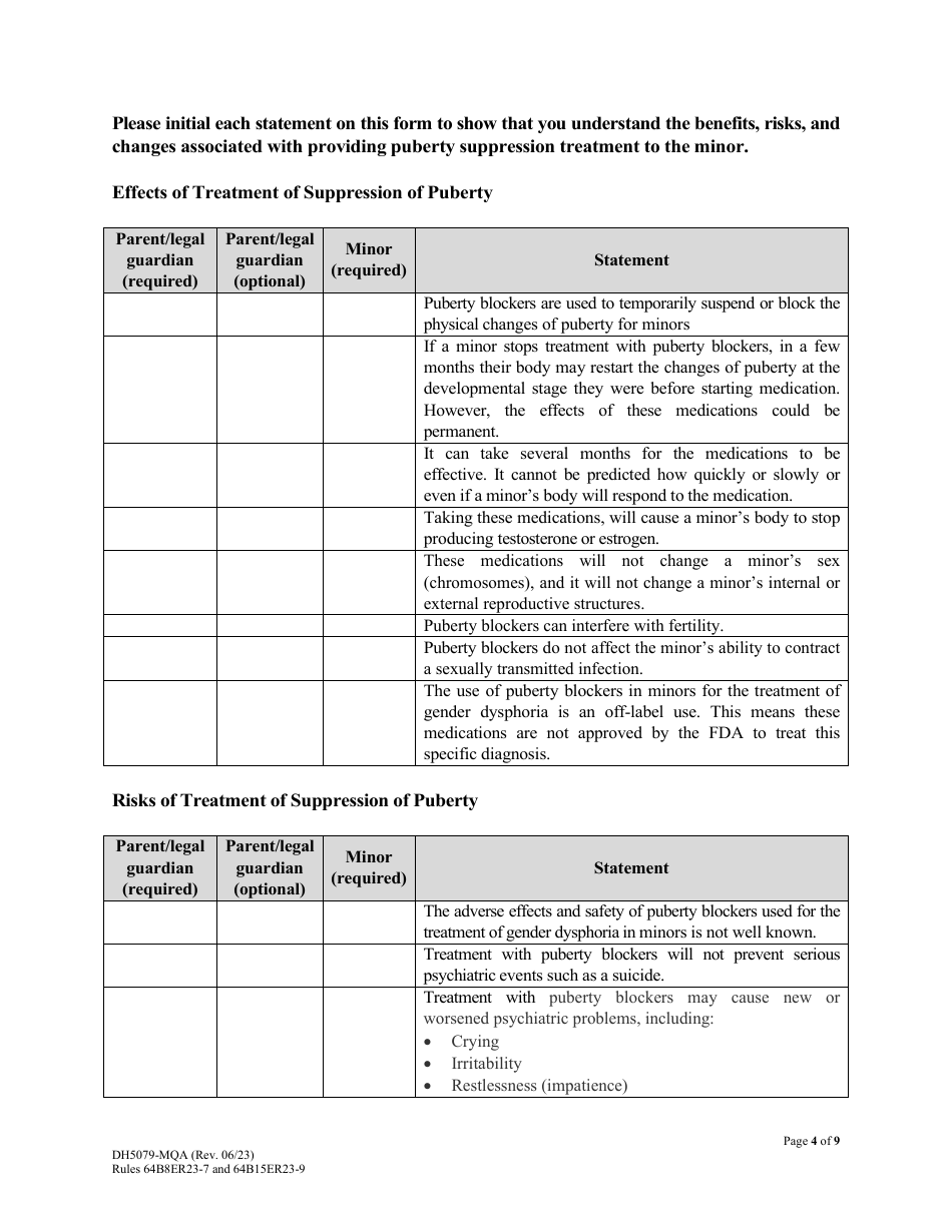 Form DH5079-MQA Patient Information and Informed Parental Consent and Assent for Minors - Puberty Suppression Treatment for Patients With Gender Dysphoria - Florida, Page 4