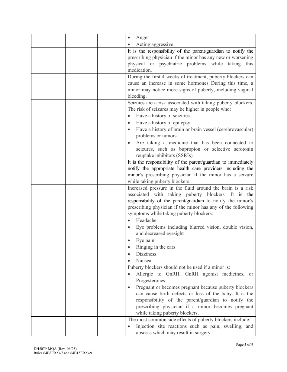 Form DH5079-MQA Patient Information and Informed Parental Consent and Assent for Minors - Puberty Suppression Treatment for Patients With Gender Dysphoria - Florida, Page 5