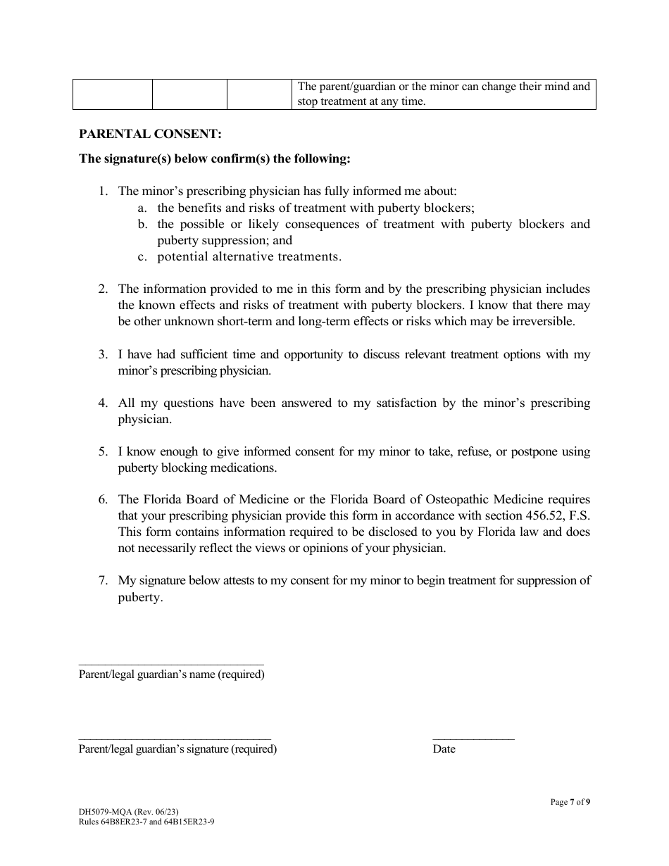 Form DH5079-MQA Patient Information and Informed Parental Consent and Assent for Minors - Puberty Suppression Treatment for Patients With Gender Dysphoria - Florida, Page 7