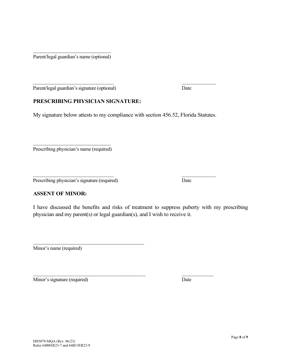 Form DH5079-MQA Patient Information and Informed Parental Consent and Assent for Minors - Puberty Suppression Treatment for Patients With Gender Dysphoria - Florida, Page 8