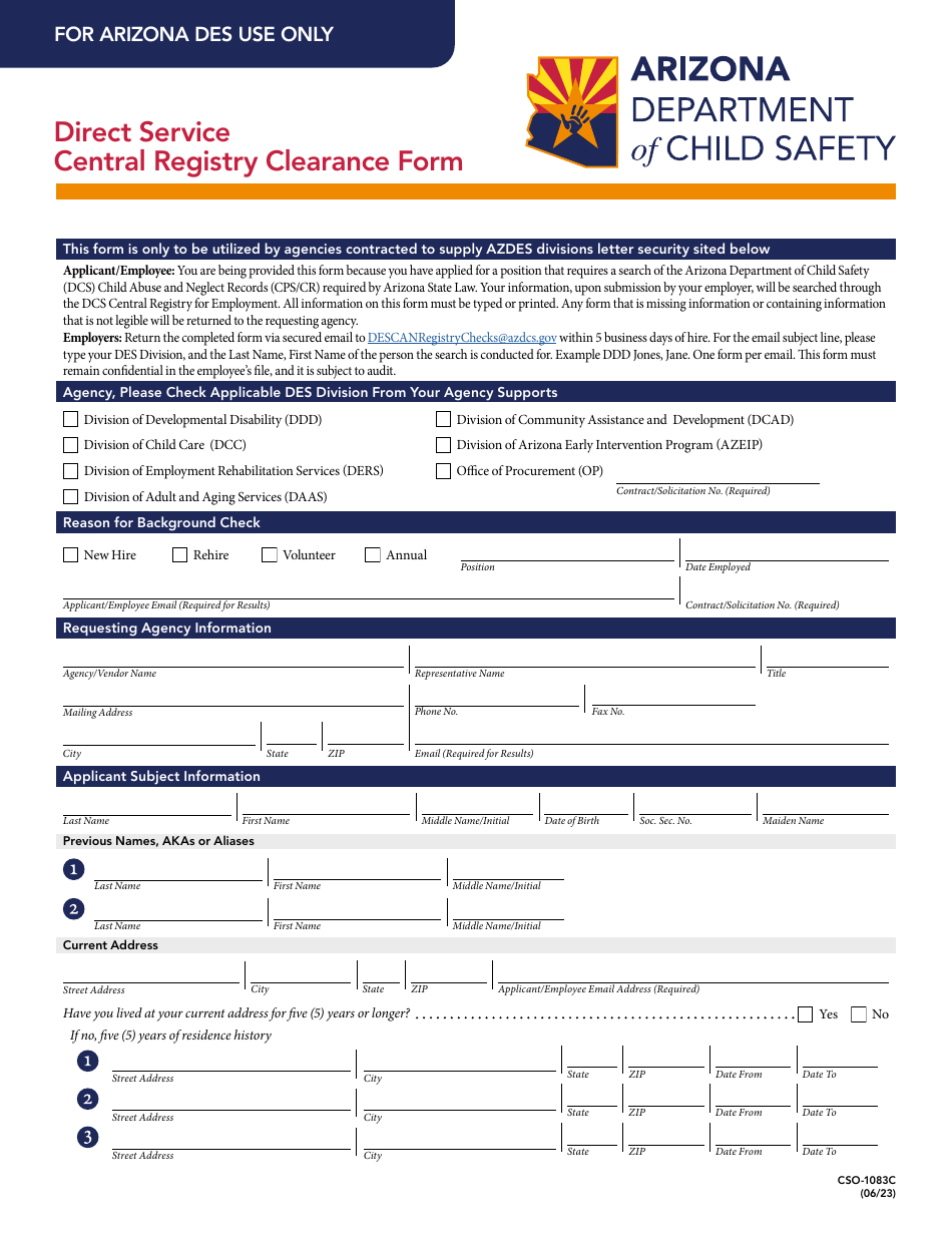 Form CSO-1083C Direct Service Central Registry Clearance Form - Arizona, Page 1