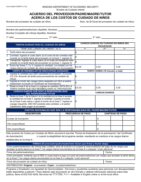 Formulario CCA-0208A-S Acuerdo Del Proveedor/Padre/Madre/Tutor Acerca De Los Costos De Cuidado De Ninos - Arizona (Spanish)