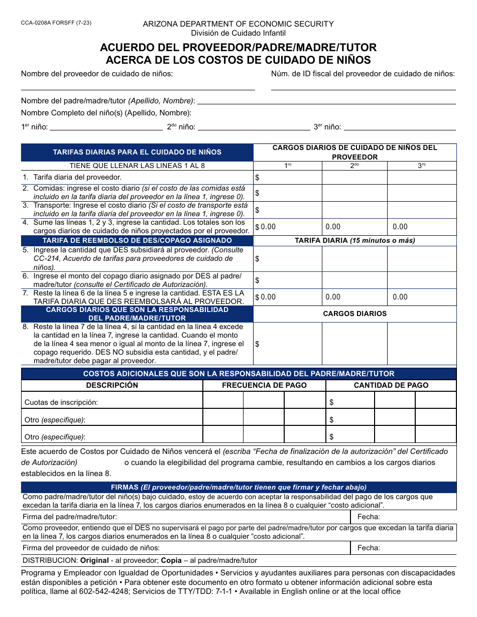 Formulario CCA-0208A-S Acuerdo Del Proveedor / Padre / Madre / Tutor Acerca De Los Costos De Cuidado De Ninos - Arizona (Spanish), Page 1