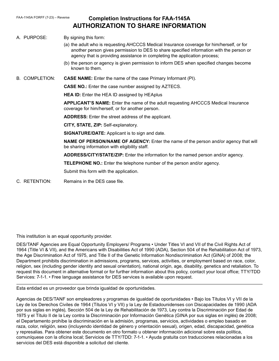 Form FAA-1145A Authorization to Share Information - Arizona (English / Spanish), Page 2