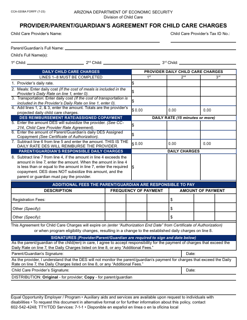 Form CCA-0208A Provider/Parent/Guardian's Agreement for Child Care Charges - Arizona