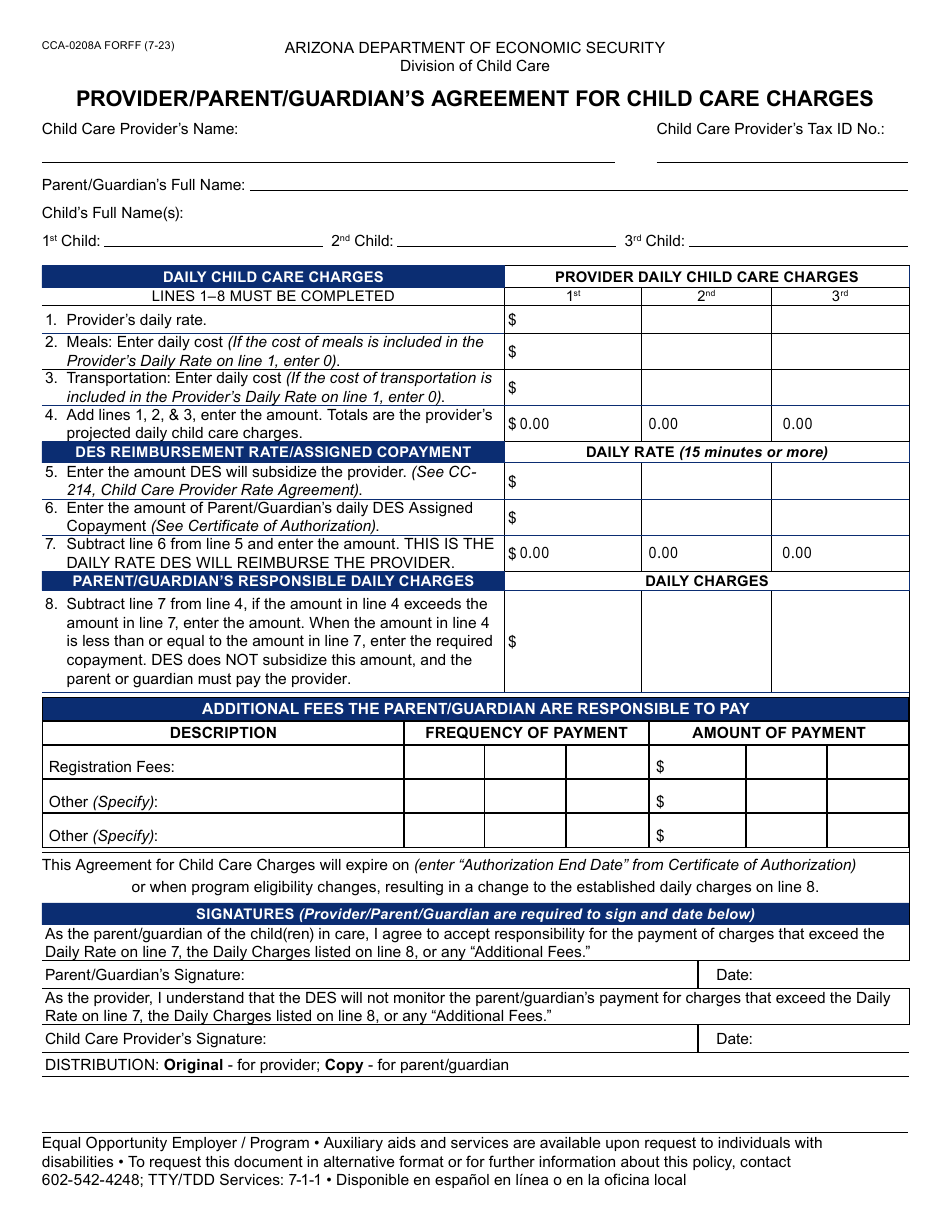 Form CCA0208A Download Fillable PDF or Fill Online Provider/Parent