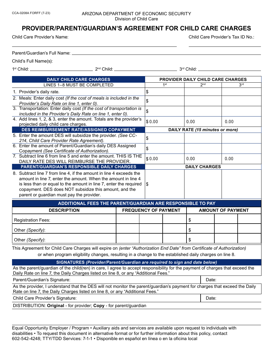 Form CCA-0208A Provider / Parent / Guardians Agreement for Child Care Charges - Arizona, Page 1