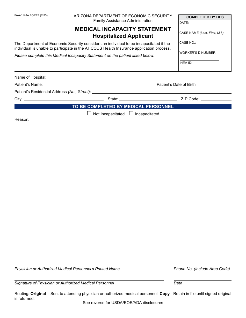 Form FAA-1148A Medical Incapacity Statement - Hospitalized Applicant - Arizona, Page 1