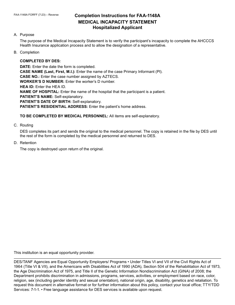Form FAA-1148A Medical Incapacity Statement - Hospitalized Applicant - Arizona, Page 2