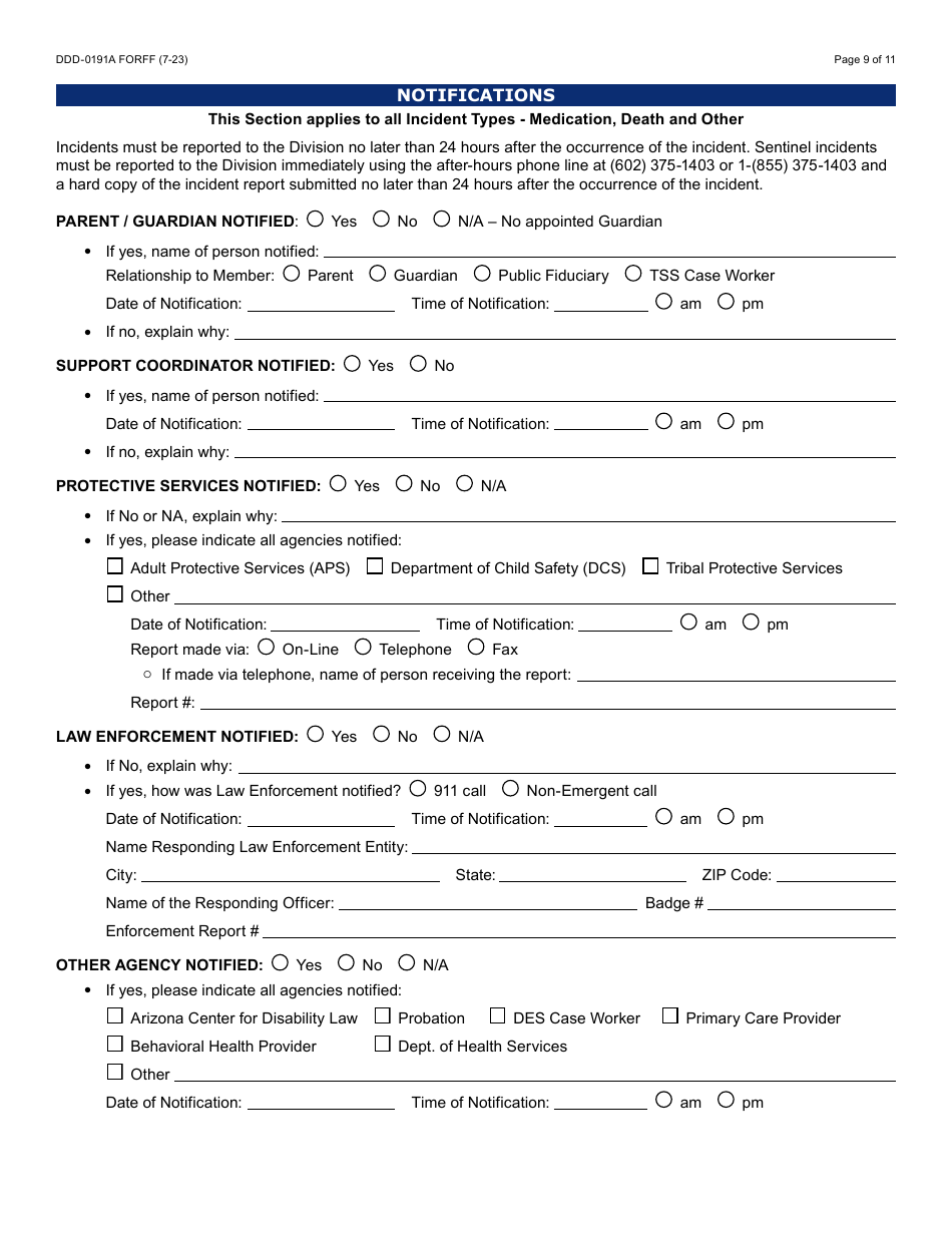 Form DDD-0191A Incident Report - Arizona, Page 9