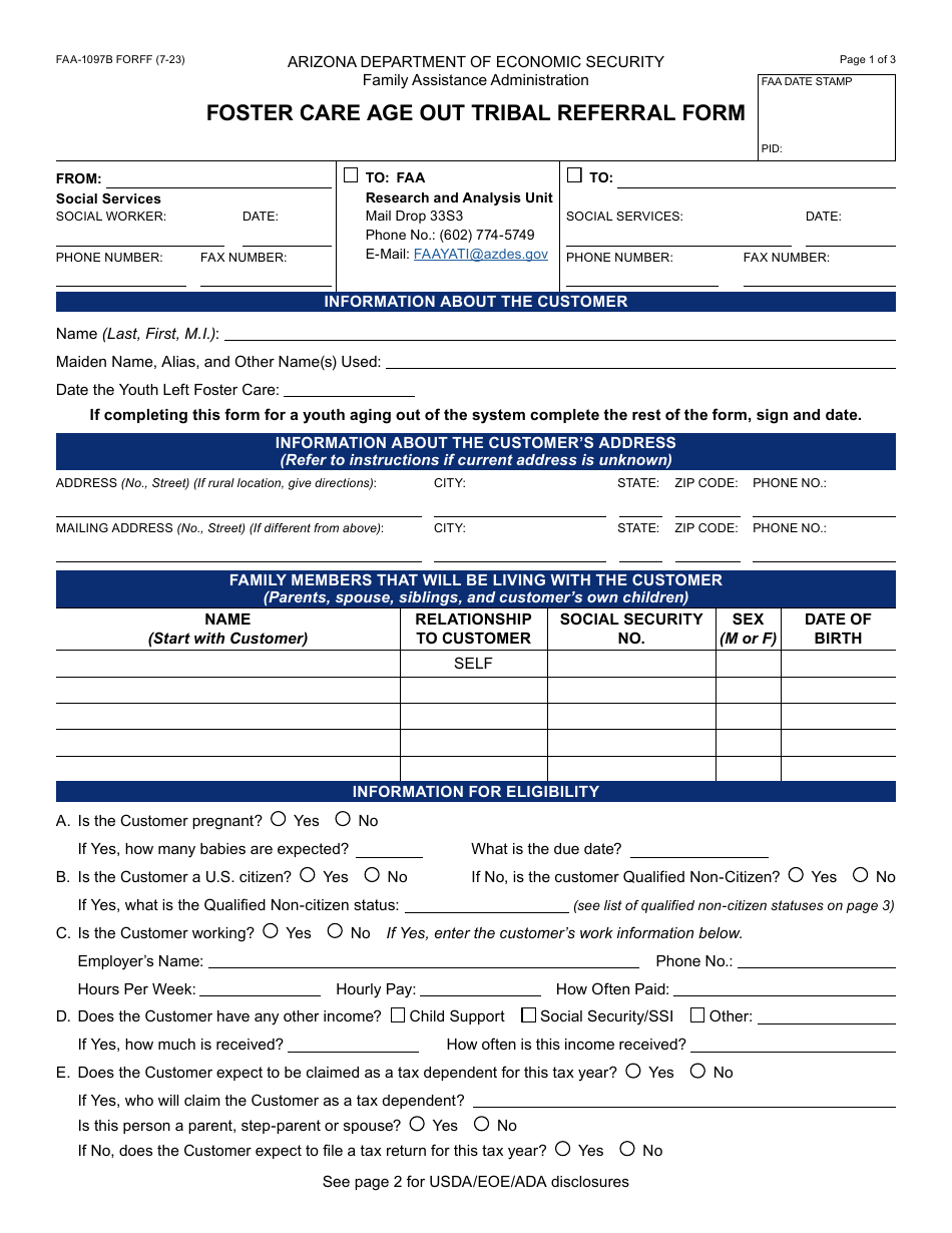 Form FAA-1097B Foster Care Age out Tribal Referral Form - Arizona, Page 1