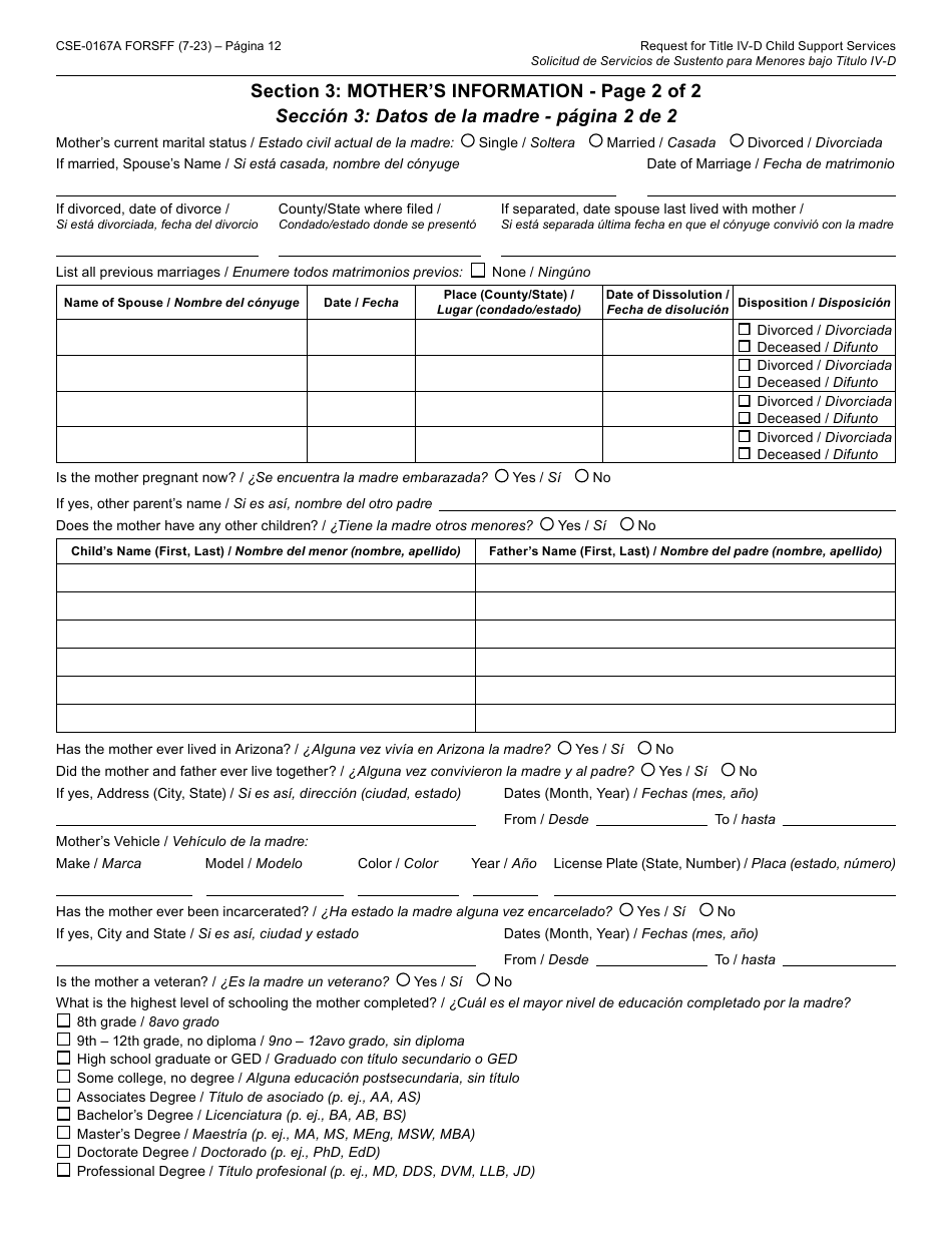 Formulario CSE-0167A-S Solicitud Del Titulo IV-D Para Servicios De Sustento Para Menores Y Los Derechos Y Responsabilidades Del Solicitante - Arizona (Spanish), Page 12