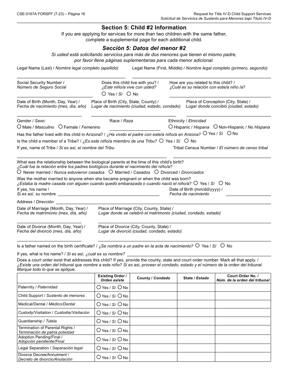 Formulario CSE-0167A-S Solicitud Del Titulo IV-D Para Servicios De Sustento Para Menores Y Los Derechos Y Responsabilidades Del Solicitante - Arizona (Spanish), Page 16