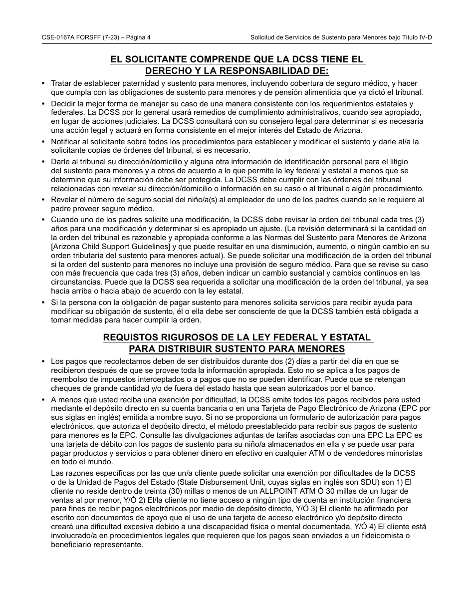 Formulario CSE-0167A-S Solicitud Del Titulo IV-D Para Servicios De Sustento Para Menores Y Los Derechos Y Responsabilidades Del Solicitante - Arizona (Spanish), Page 4