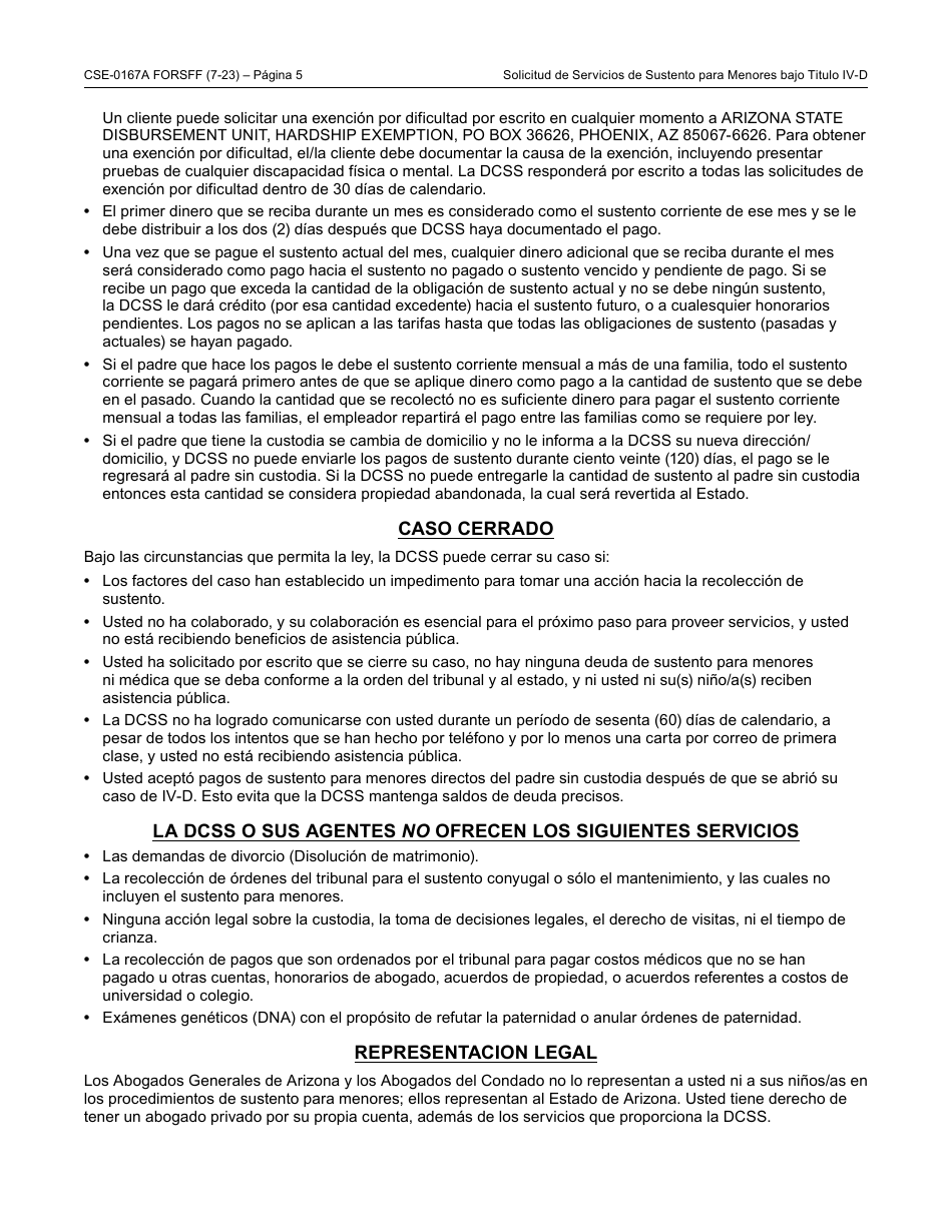 Formulario CSE-0167A-S Solicitud Del Titulo IV-D Para Servicios De Sustento Para Menores Y Los Derechos Y Responsabilidades Del Solicitante - Arizona (Spanish), Page 5