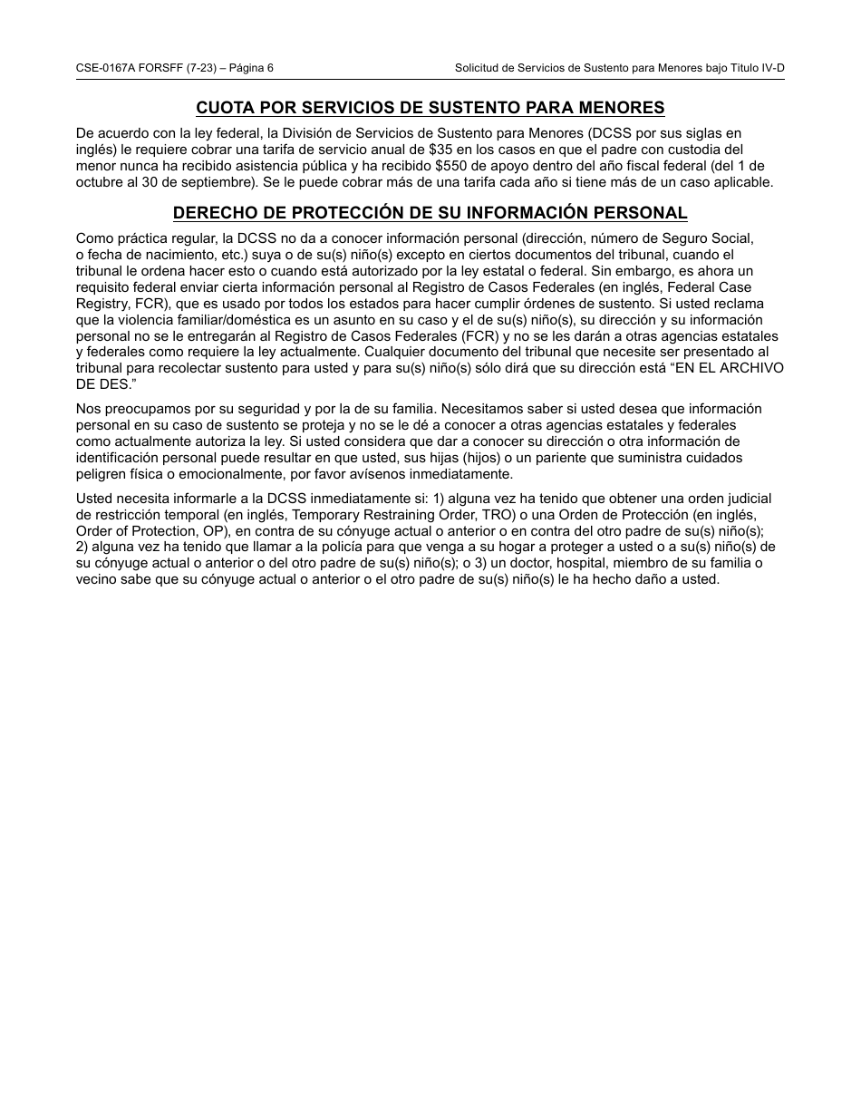 Formulario CSE-0167A-S Solicitud Del Titulo IV-D Para Servicios De Sustento Para Menores Y Los Derechos Y Responsabilidades Del Solicitante - Arizona (Spanish), Page 6