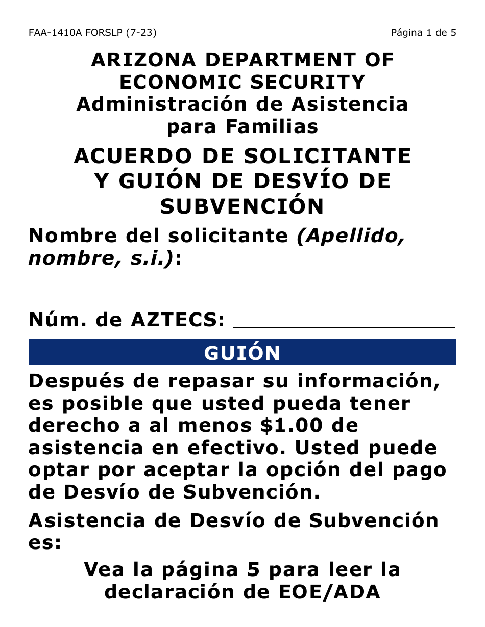 Formulario FAA-1410A-SLP Acuerdo De Solicitante Y Guion De Desvio De Subvencion (Letra Grande) - Arizona (Spanish), Page 1