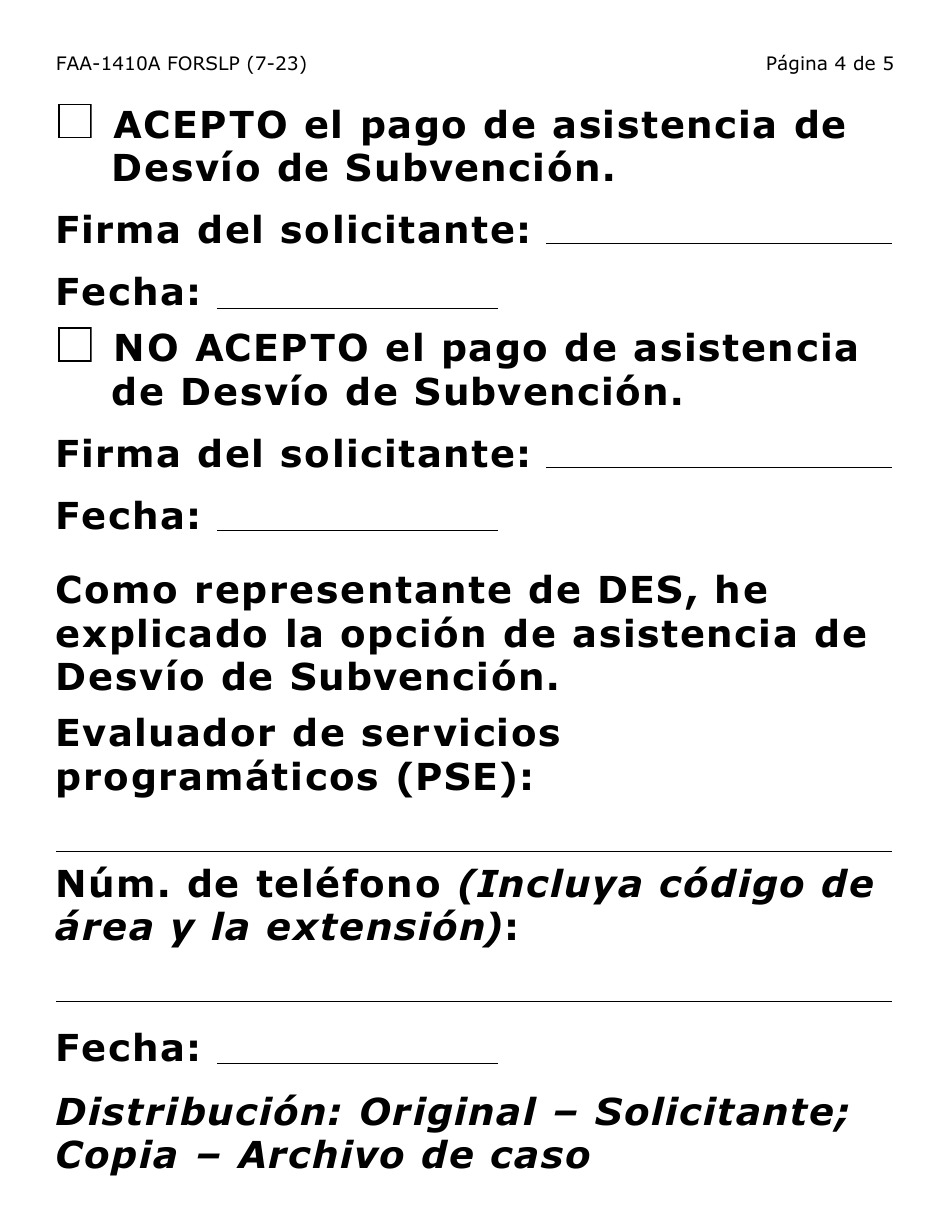 Formulario FAA-1410A-SLP Acuerdo De Solicitante Y Guion De Desvio De Subvencion (Letra Grande) - Arizona (Spanish), Page 4