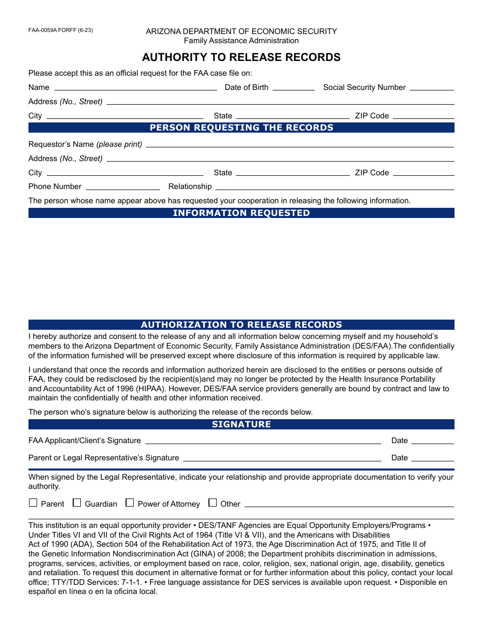 Form FAA-0059A Authority to Release Records - Arizona, Page 1