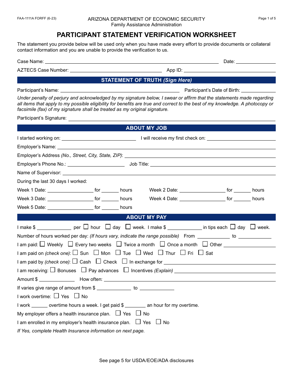 Form FAA-1111A Participant Statement Verification Worksheet - Arizona, Page 1