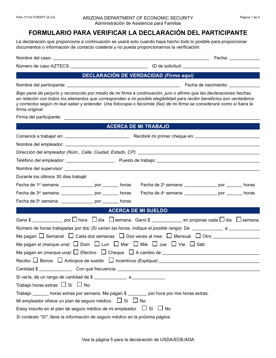 Form FAA-1111A-S Formulario Para Verificar La Declaracion Del Participante - Arizona, Page 1