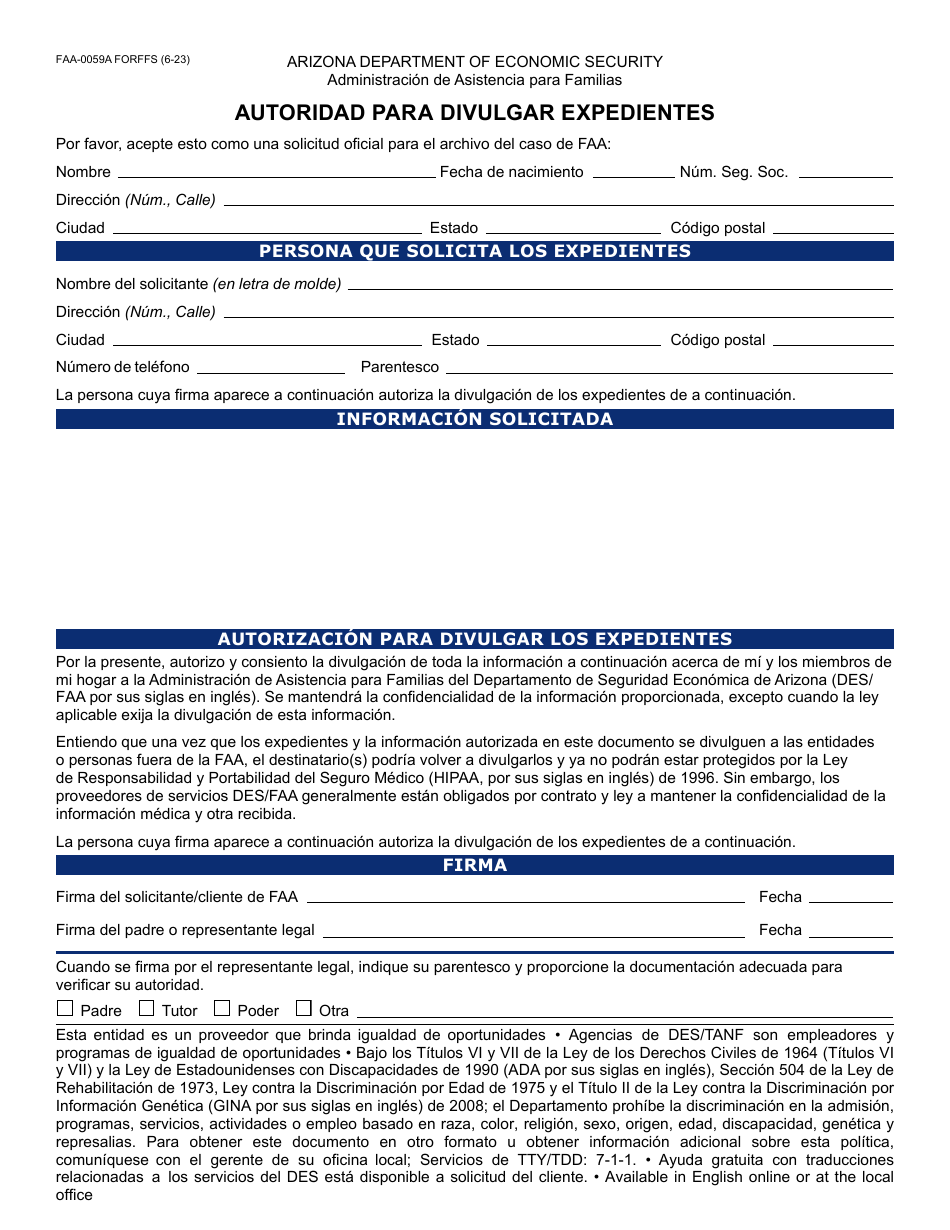 Formulario FAA-0059A-S Autoridad Para Divulgar Expedientes - Arizona (Spanish), Page 1