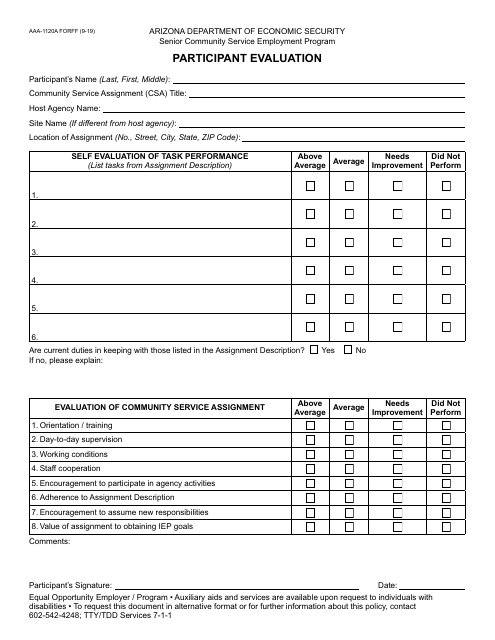 Form AAA-1120A Participant Evaluation - Senior Community Service Employment Program - Arizona