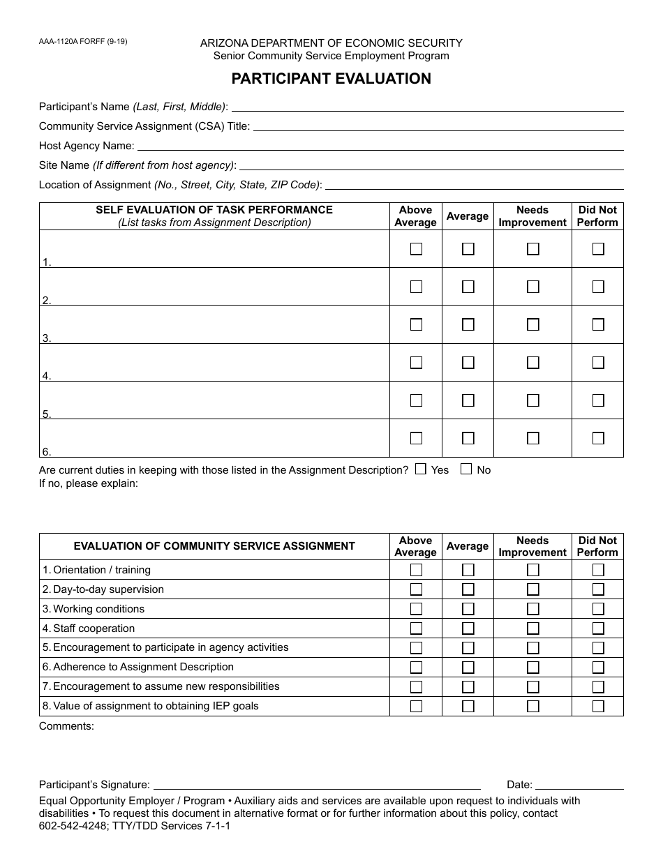 Form AAA-1120A Participant Evaluation - Senior Community Service Employment Program - Arizona, Page 1