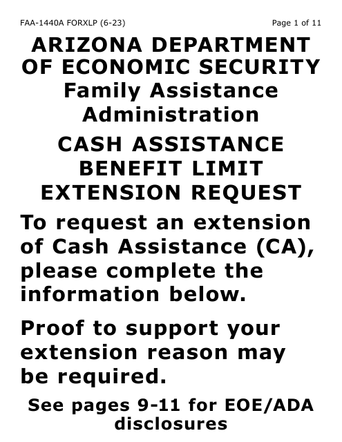 Form FAA-1440A-XLP Cash Assistance Benefit Limit Extension Request (Extra Large Print) - Arizona