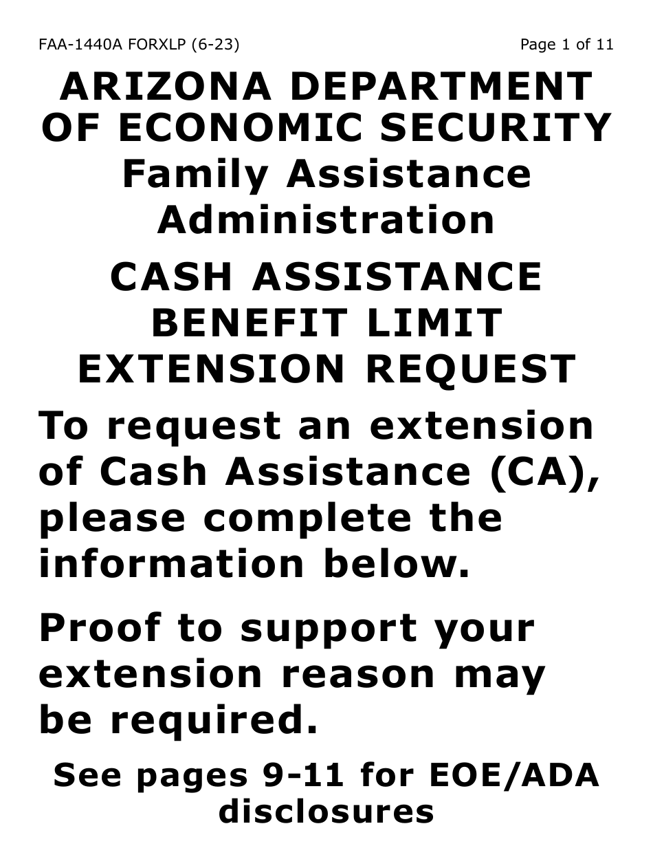 Form FAA-1440A-XLP Cash Assistance Benefit Limit Extension Request (Extra Large Print) - Arizona, Page 1