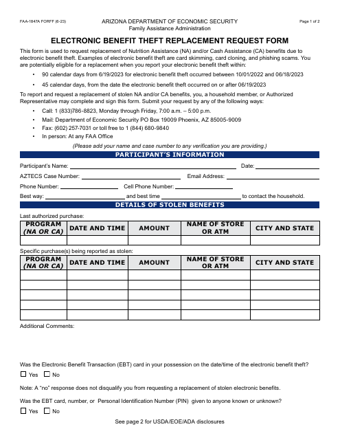 Form FAA-1847A Electronic Benefit Theft Replacement Request Form - Arizona, 2023