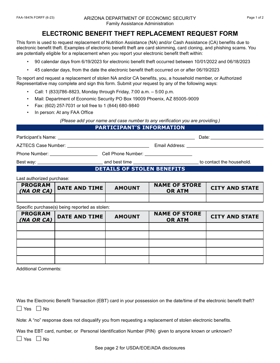 Form FAA-1847A Electronic Benefit Theft Replacement Request Form - Arizona, Page 1