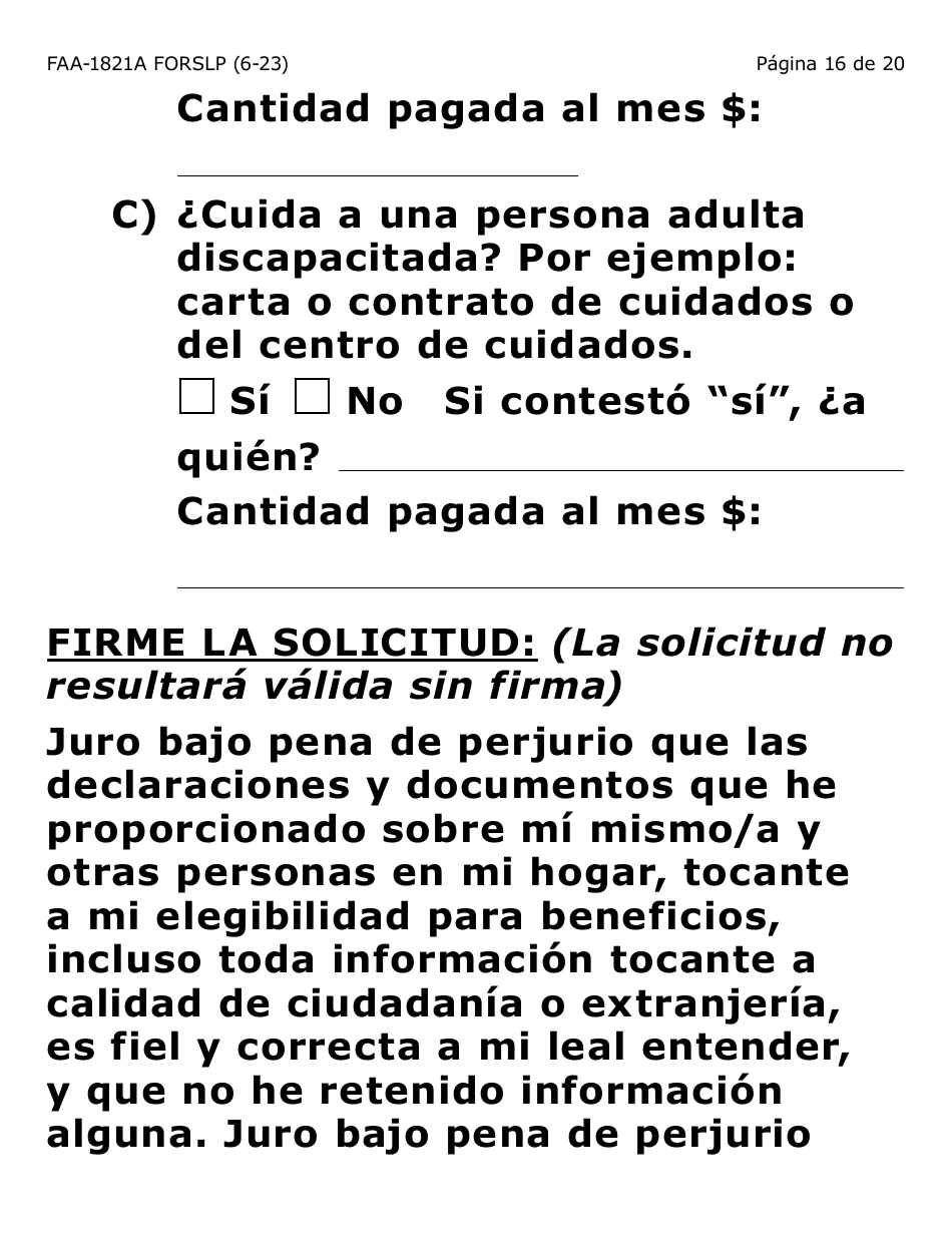 Form FAA-1821A-SLP Solicitud De Asistencia Nutricional Proyecto De Solicitud Simplificada Para Personas De Tercera Edad (Esap Por Sus Siglas En Ingles) (Letra Grande) - Arizona, Page 19