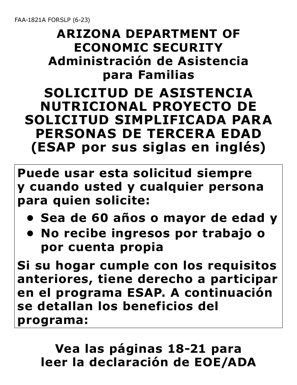 Form FAA-1821A-SLP Solicitud De Asistencia Nutricional Proyecto De Solicitud Simplificada Para Personas De Tercera Edad (Esap Por Sus Siglas En Ingles) (Letra Grande) - Arizona, Page 1