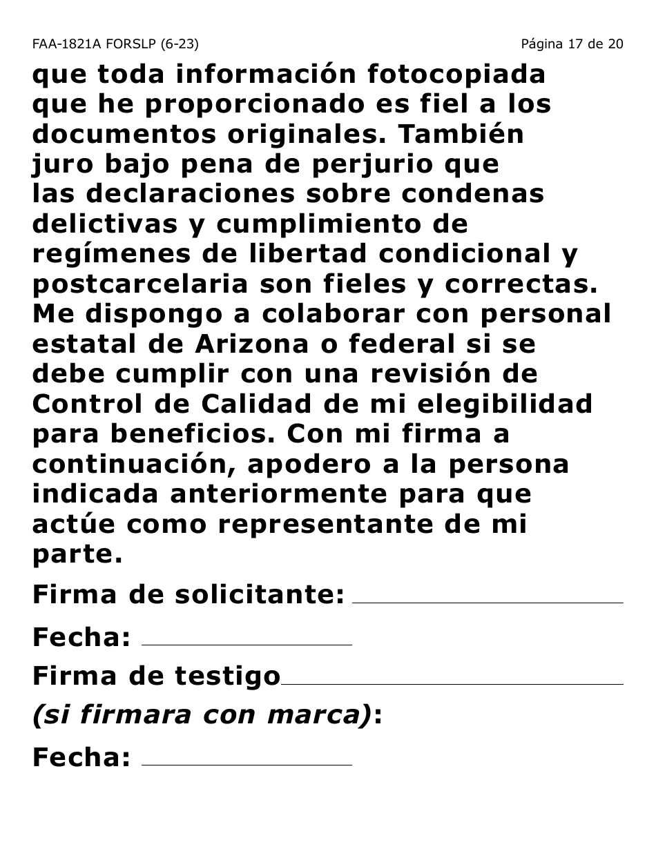 Form FAA-1821A-SLP Solicitud De Asistencia Nutricional Proyecto De Solicitud Simplificada Para Personas De Tercera Edad (Esap Por Sus Siglas En Ingles) (Letra Grande) - Arizona, Page 20