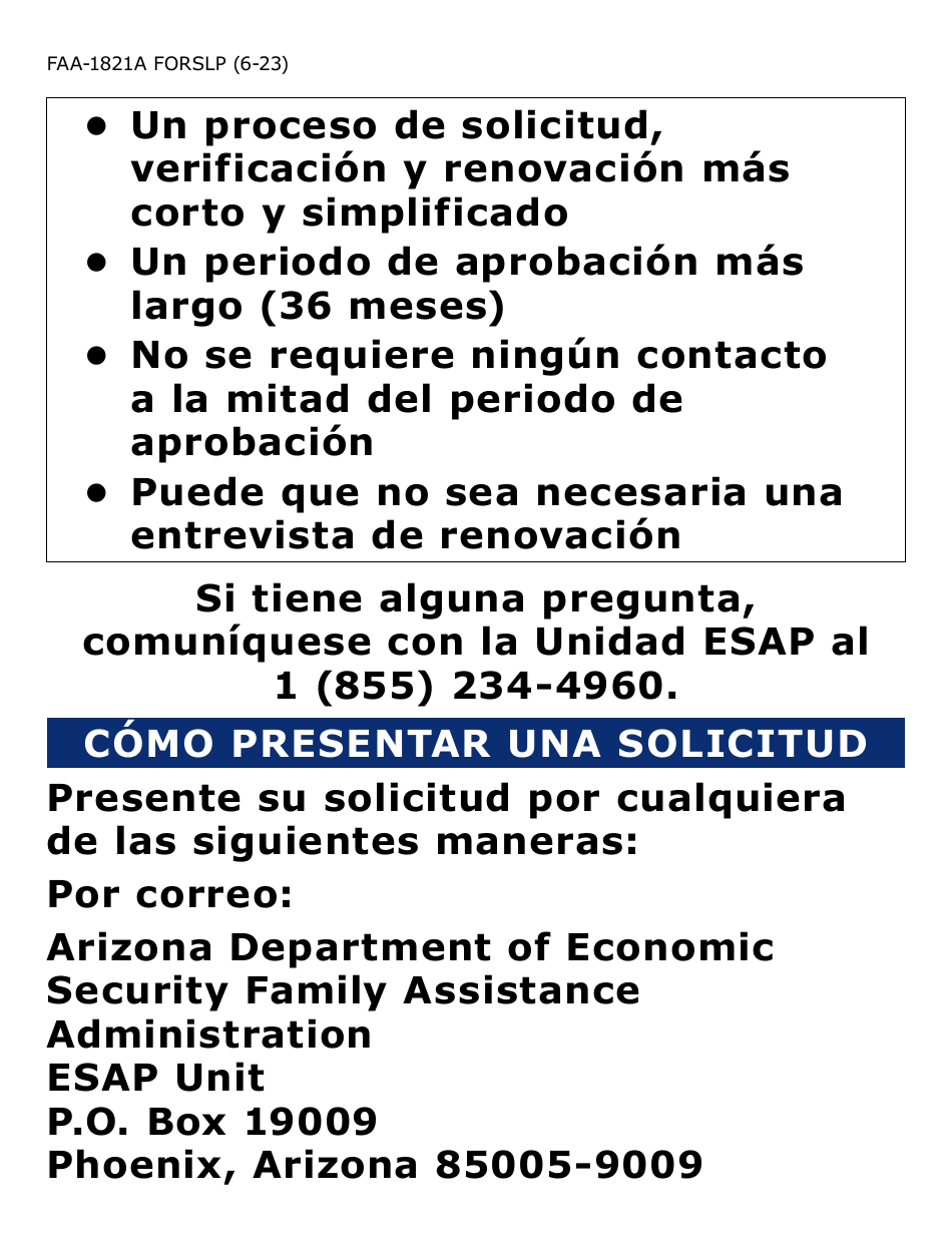 Form FAA-1821A-SLP Solicitud De Asistencia Nutricional Proyecto De Solicitud Simplificada Para Personas De Tercera Edad (Esap Por Sus Siglas En Ingles) (Letra Grande) - Arizona, Page 2