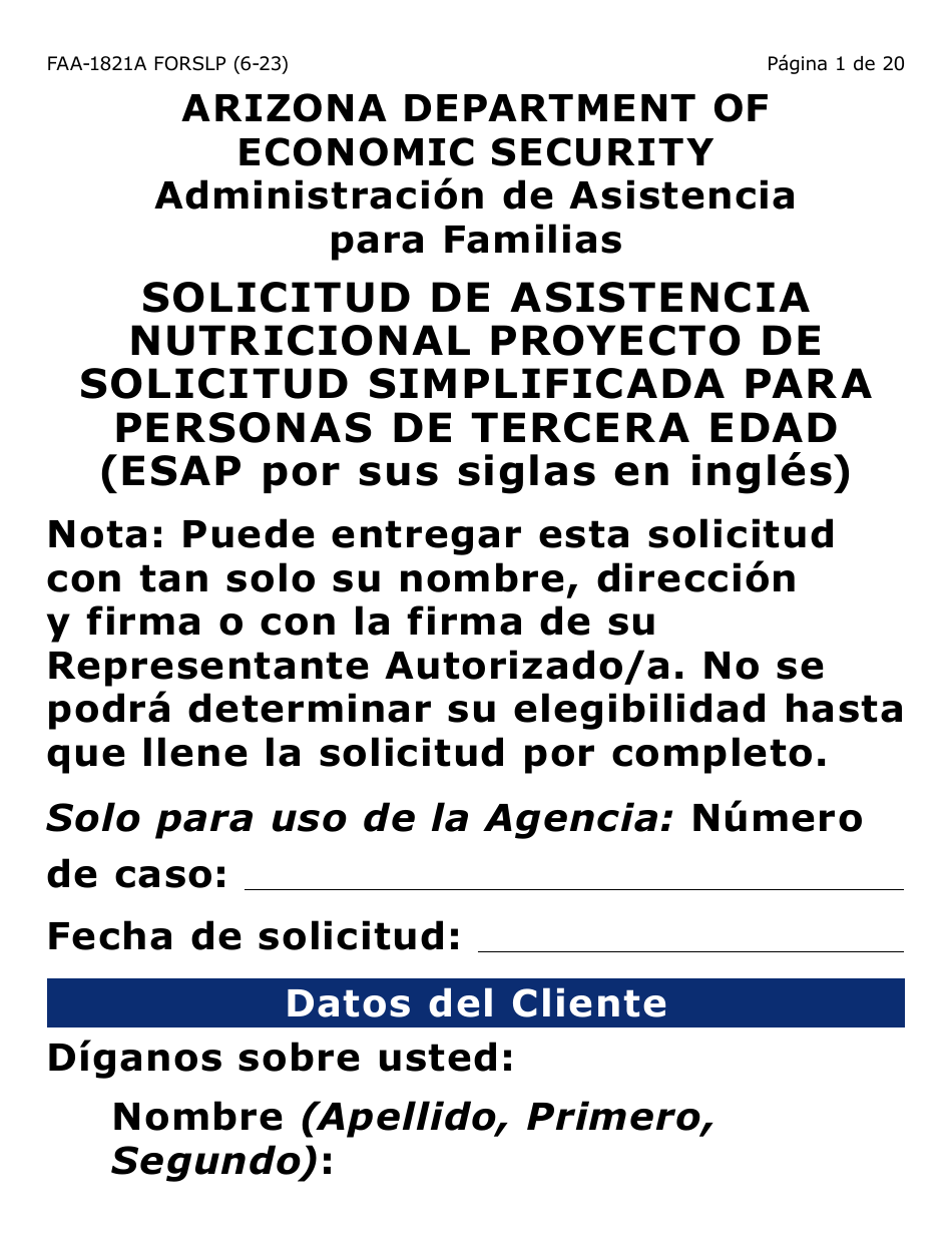 Form FAA-1821A-SLP Solicitud De Asistencia Nutricional Proyecto De Solicitud Simplificada Para Personas De Tercera Edad (Esap Por Sus Siglas En Ingles) (Letra Grande) - Arizona, Page 4