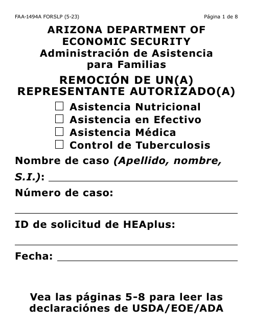 Formulario FAA-1494A-SLP Remocion De Un(A) Representante Autorizado(A) (Letra Grande) - Arizona (Spanish)
