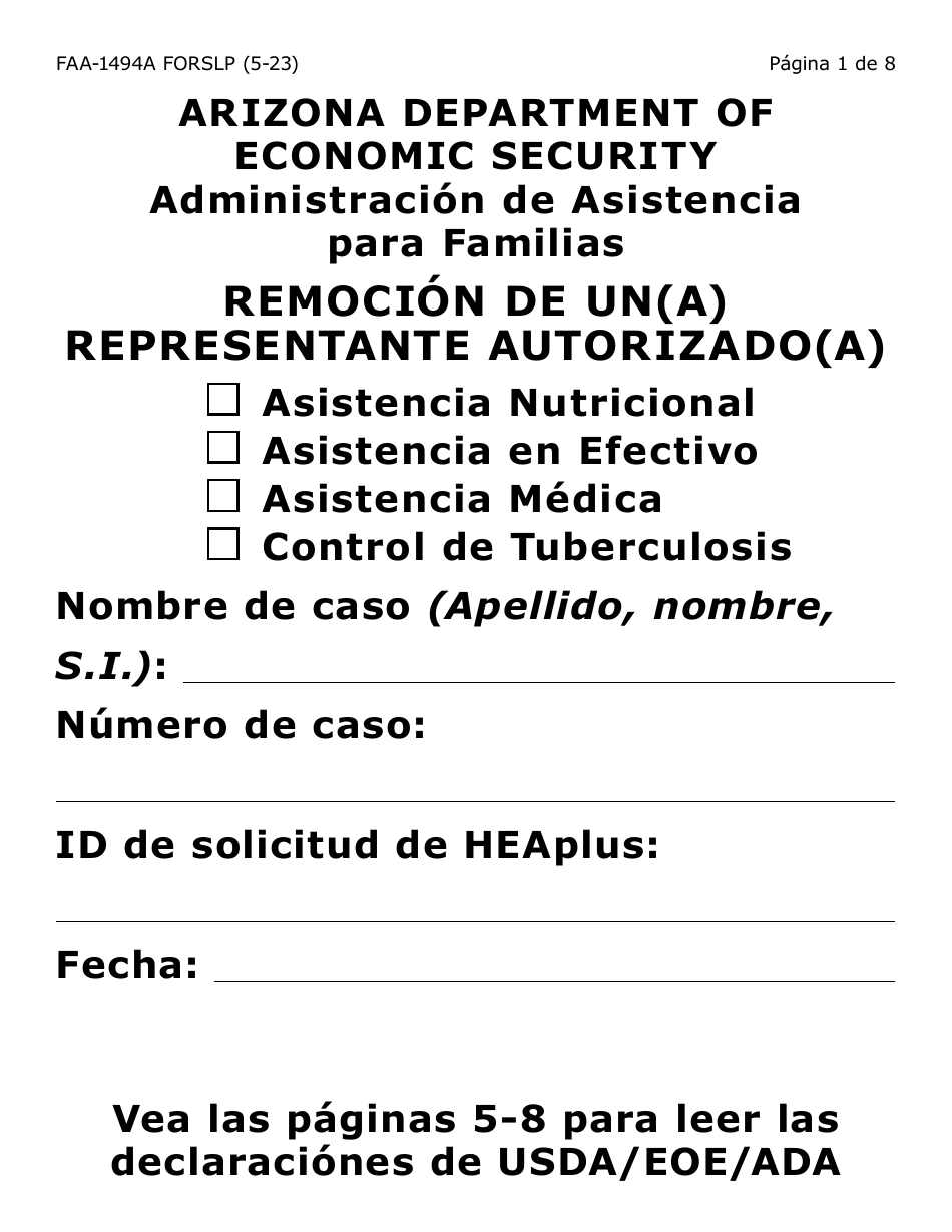 Formulario FAA-1494A-SLP Remocion De Un(A) Representante Autorizado(A) (Letra Grande) - Arizona (Spanish), Page 1