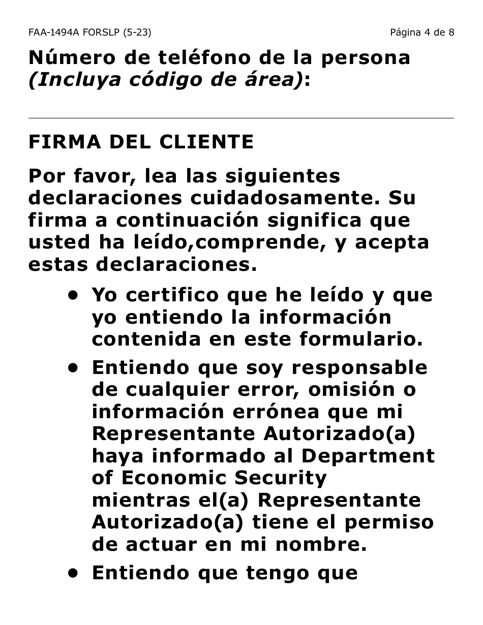 Formulario FAA-1494A-SLP Remocion De Un(A) Representante Autorizado(A) (Letra Grande) - Arizona (Spanish), Page 4