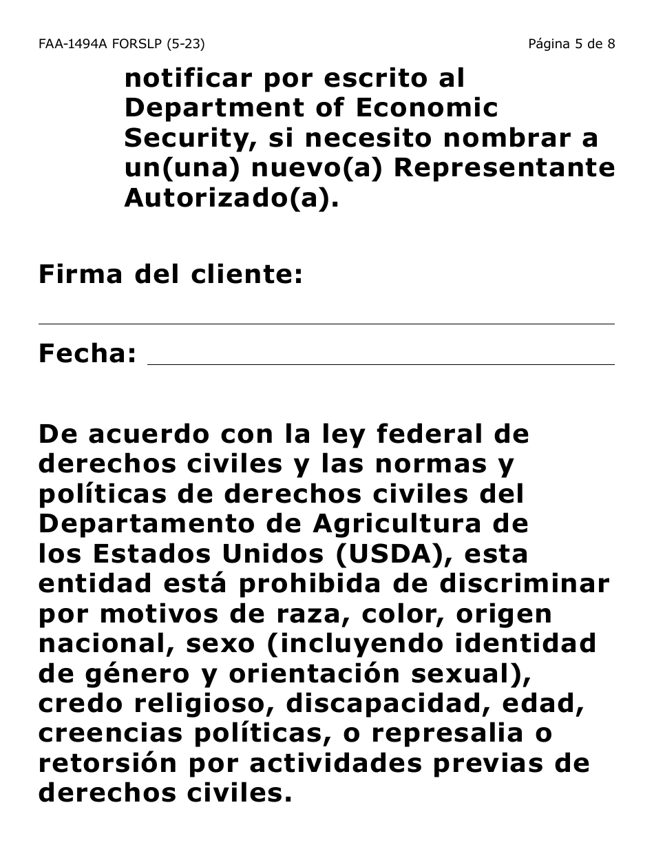 Formulario FAA-1494A-SLP Remocion De Un(A) Representante Autorizado(A) (Letra Grande) - Arizona (Spanish), Page 5