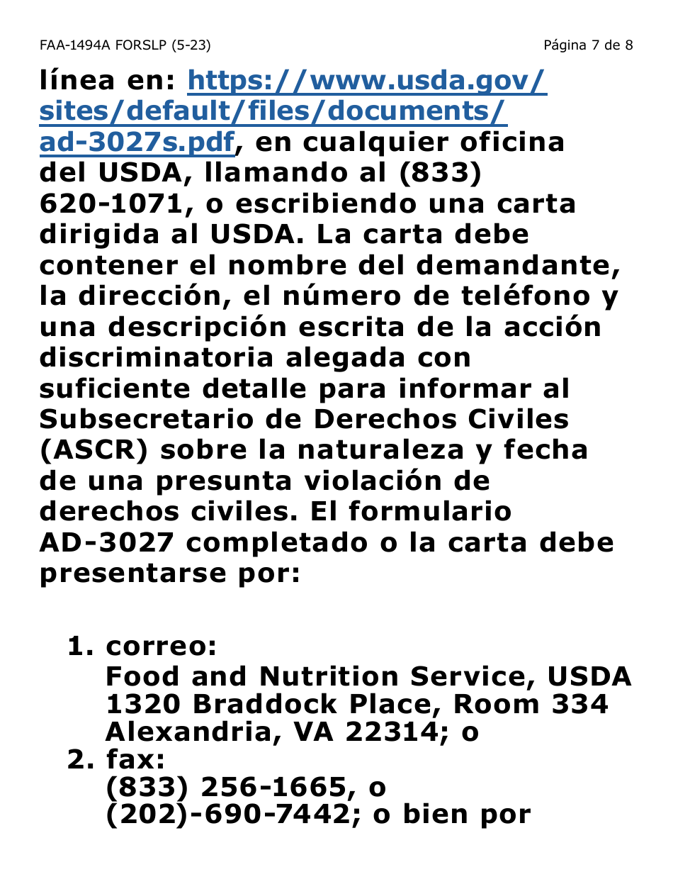 Formulario FAA-1494A-SLP Remocion De Un(A) Representante Autorizado(A) (Letra Grande) - Arizona (Spanish), Page 7