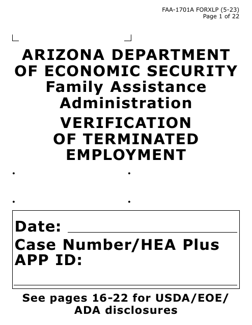 Form FAA-1701A-XLP Verification of Terminated Employment (Extra Large Print) - Arizona