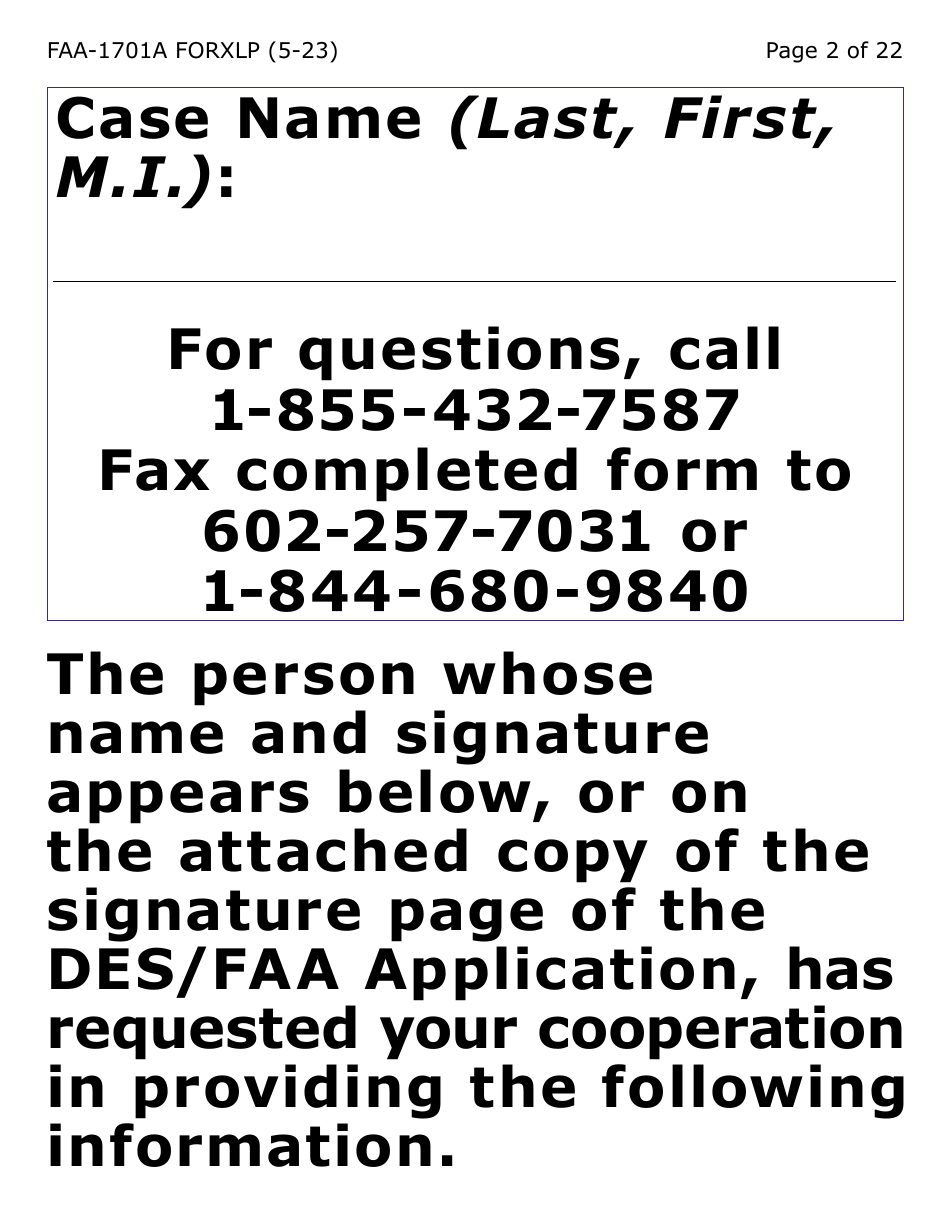 Form FAA-1701A-XLP Verification of Terminated Employment (Extra Large Print) - Arizona, Page 2