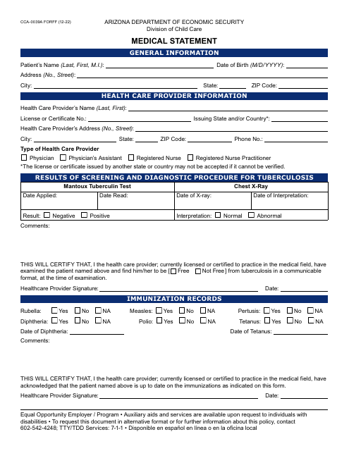 Form CCA-0039A Medical Statement - Arizona