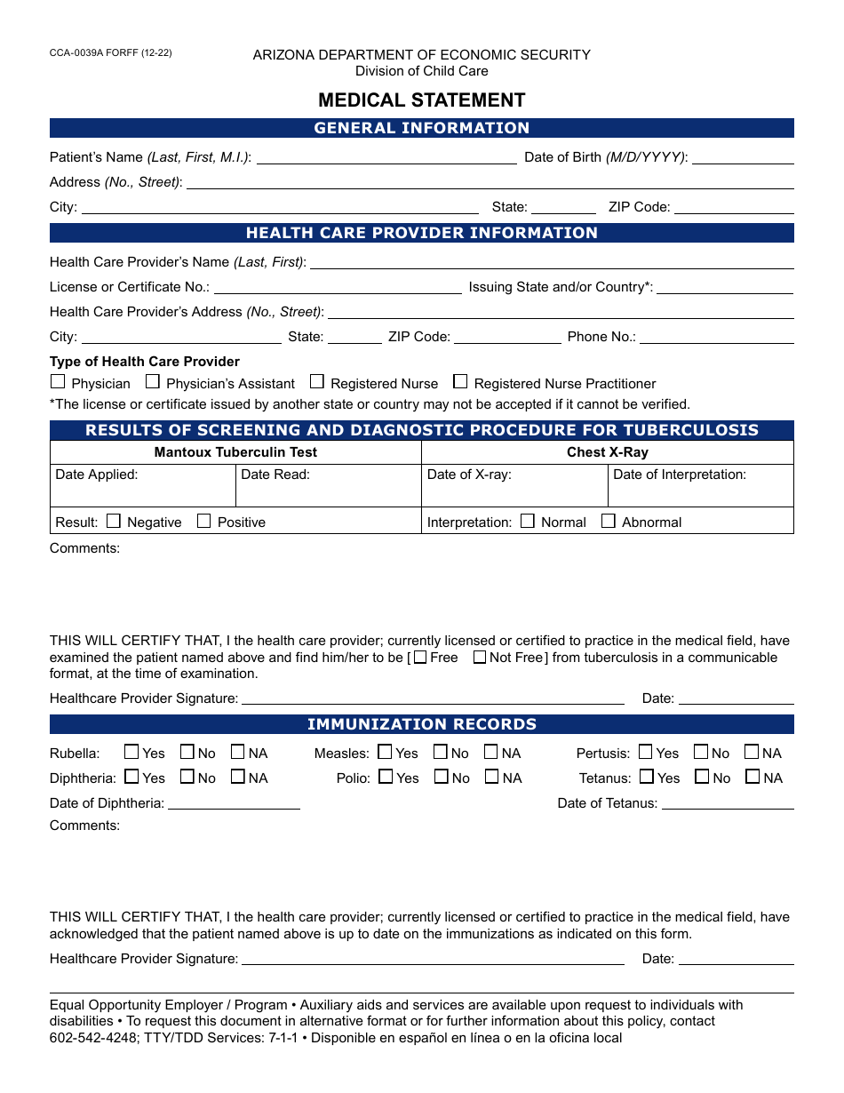 Form CCA-0039A Medical Statement - Arizona, Page 1