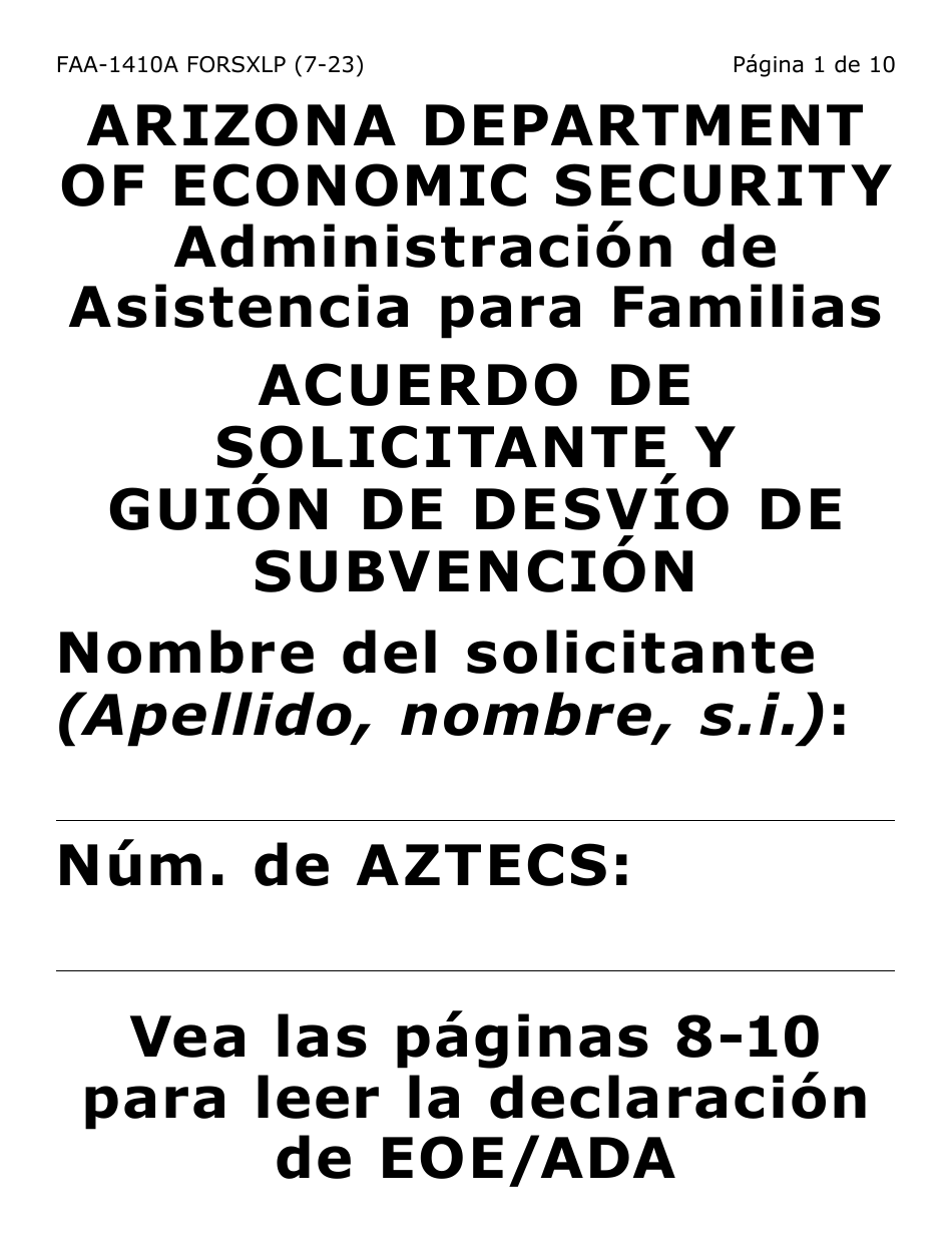 Formulario FAA-1410A-SXLP Acuerdo De Solicitante Y Guion De Desvio De Subvencion (Letra Extra Grande) - Arizona (Spanish), Page 1