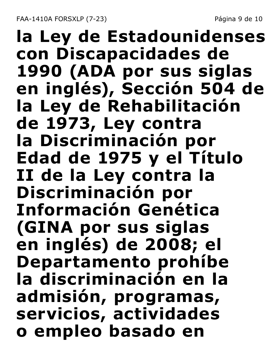 Formulario FAA-1410A-SXLP Acuerdo De Solicitante Y Guion De Desvio De Subvencion (Letra Extra Grande) - Arizona (Spanish), Page 9
